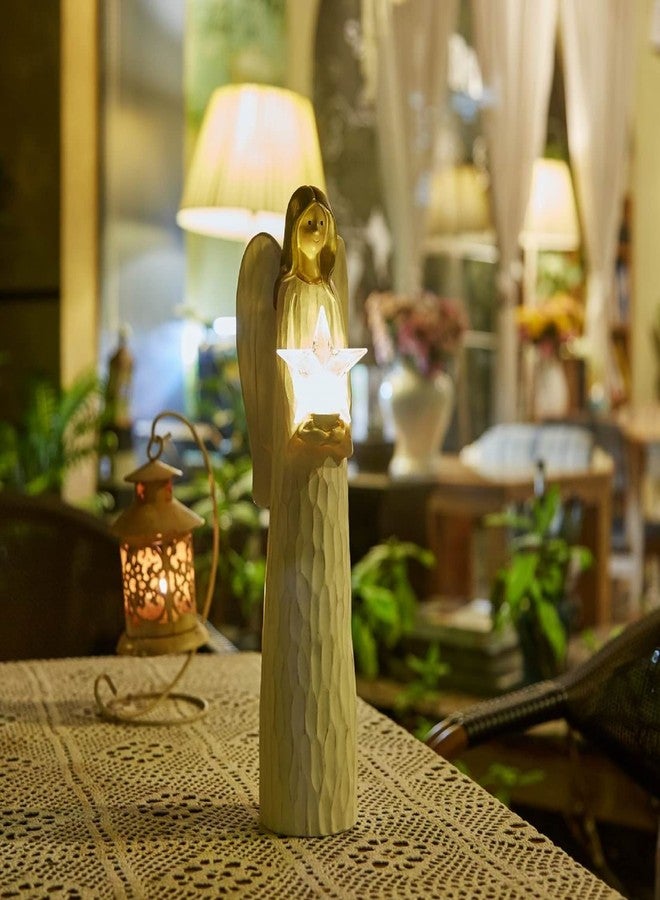 Floryden تماثيل ملائكة عيد الميلاد من فلوريدن تحمل نجمة كريستالية مضيئة بتقنية LED، تماثيل ملائكة مضيئة لتزيين طاولة عيد الميلاد، مصنوعة من مادة البولي ريزين، طولها 13.7 بوصة. - Image 5
